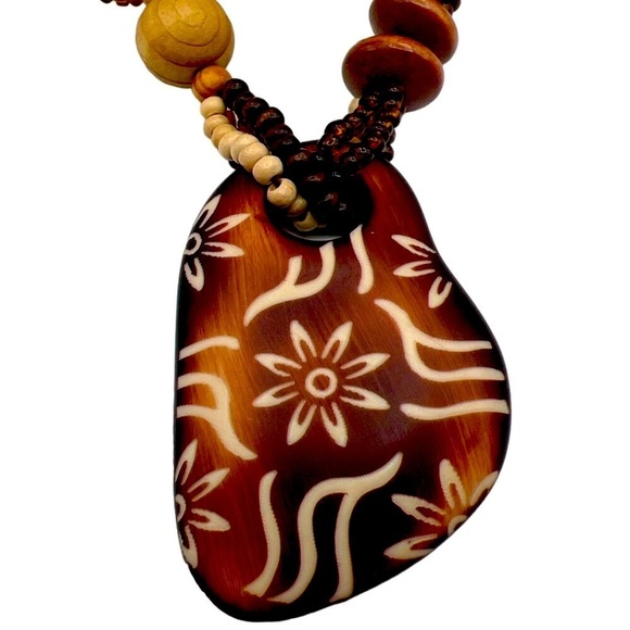 Handcrafted Wooden Beaded Necklace Set With Tribal Floral Pendant & Bracelets - Picture 5 of 15